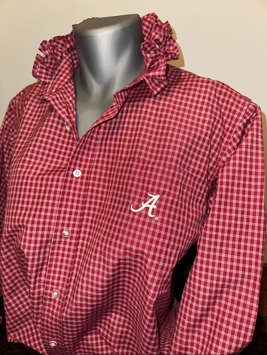 Campus Specialties Tops - Re-worked Alabama crimson Gingham Ruffled Collar ladies shirt